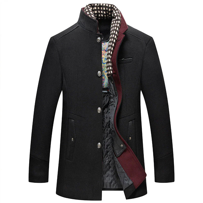 Men's Thick Stand Collar Detachable Scarf Wool Coat