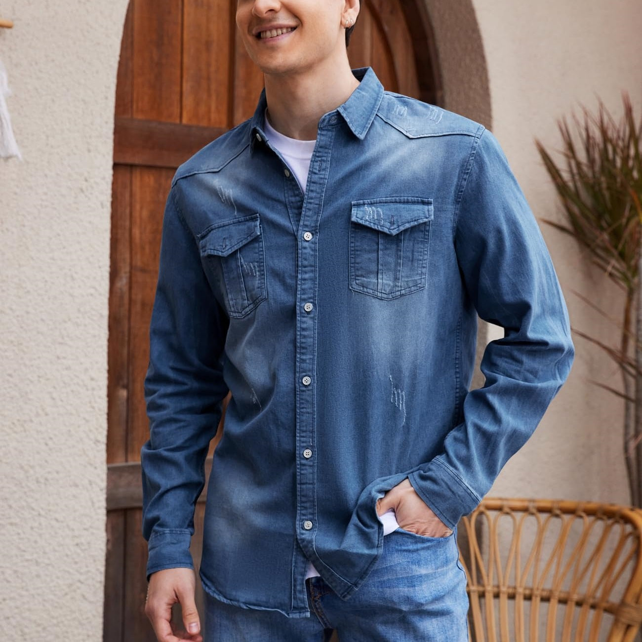 Men's Retro Cotton Long Sleeve Denim Shirt