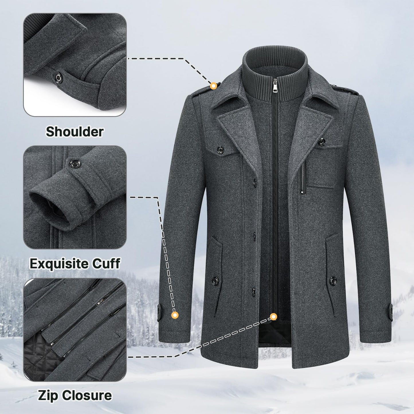 Men's Winter Thick Double-Layer Collar Wool Blend Coat